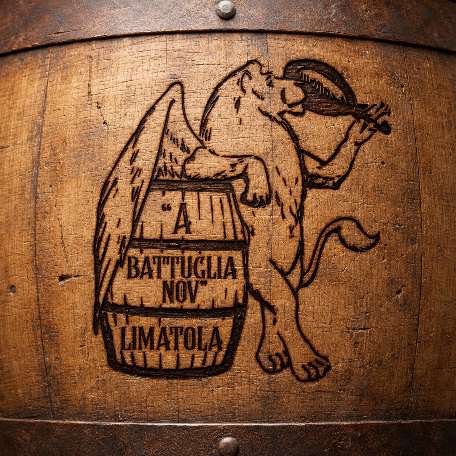 Logo di ‘A Battuglia Nov’ di Limatola inciso su una botte
